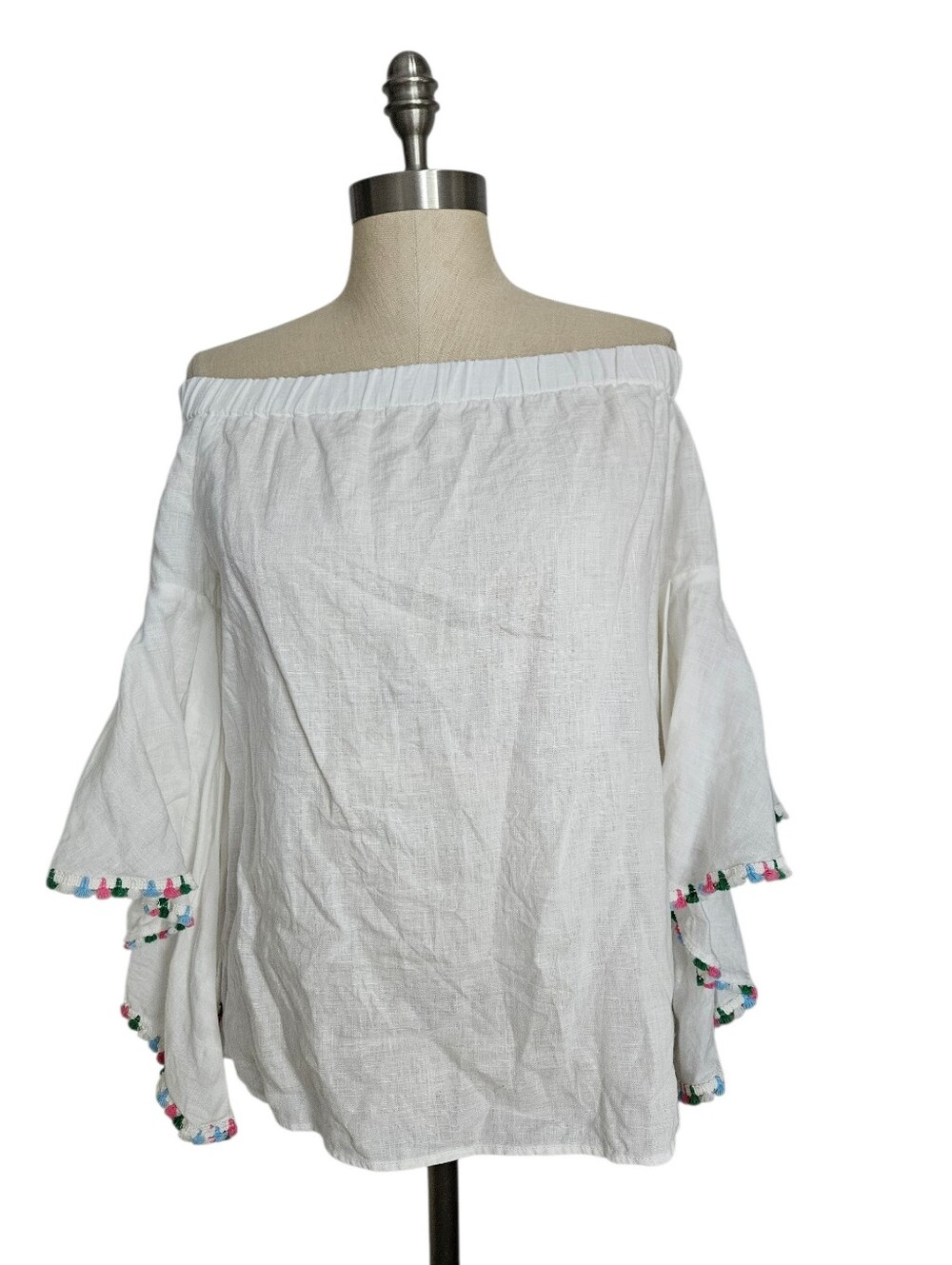 ZARA Off-Shoulder White 100% Linen Flutter Sleeve Colored Tassel Blouse | SZ XS - Picture 3 of 9